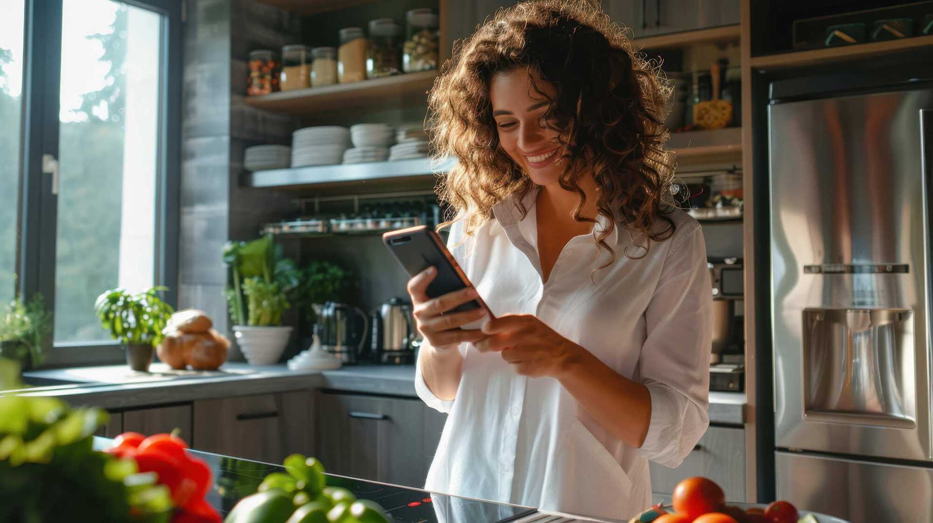 Une femme utilise l'application BeMum dans sa cuisine