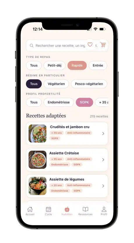 L'écran Nutrition de l'application BeMum, avec ses recettes adaptées